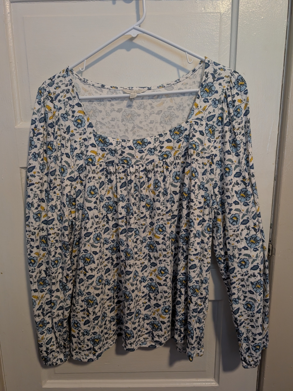 Lucky Brand White Long-Sleeve Cotton Blend Top with Blue & Yellow Floral Print